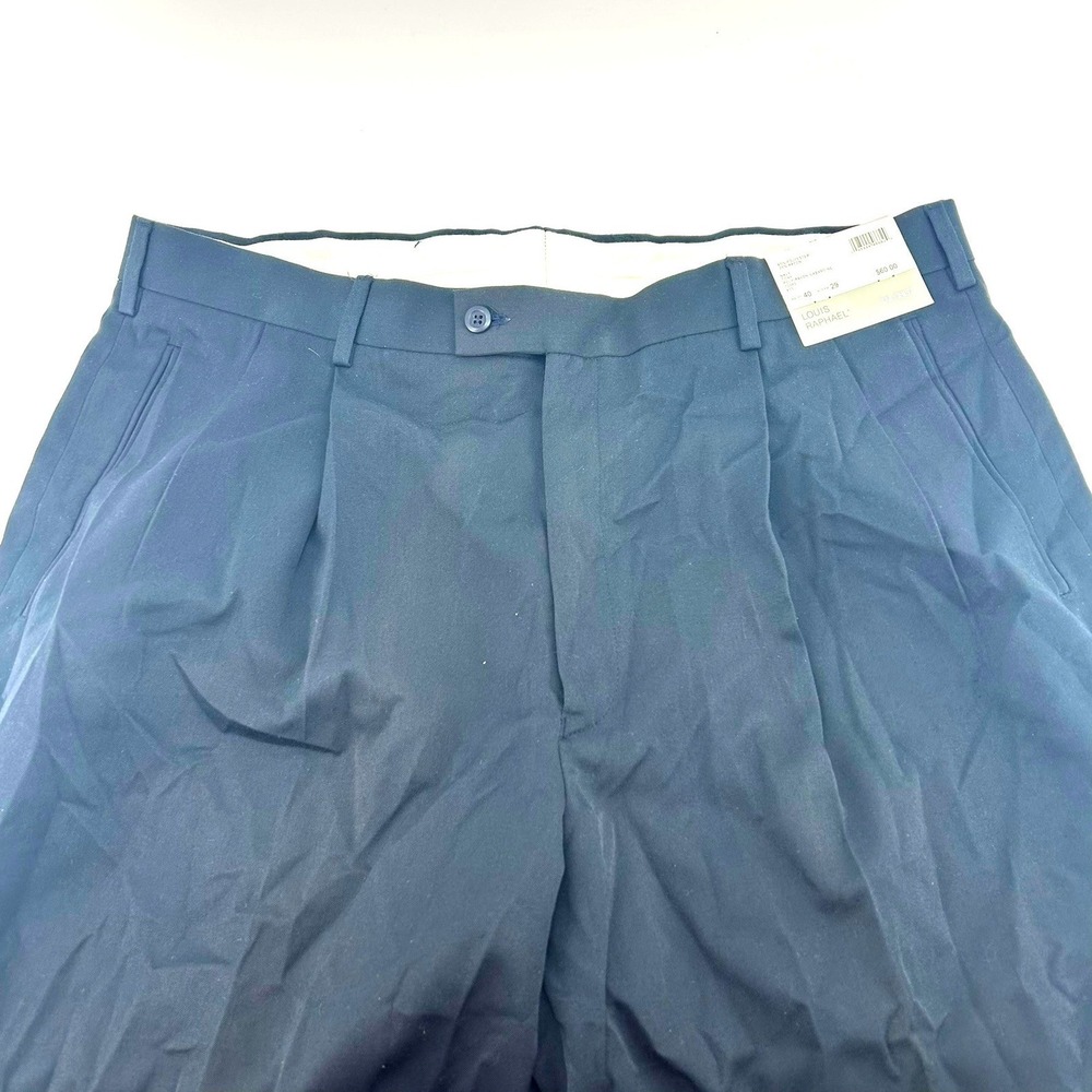 Louis Raphael Mens Navy Blue Gabardine Blend Pleated Cuffed Hem Pants 40x29NEW